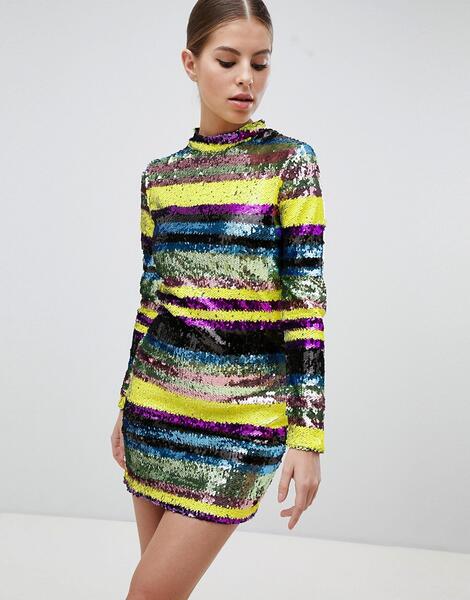 Облегающее платье мини с длинными рукавами и разноцветными пайетками C Club L 1267357