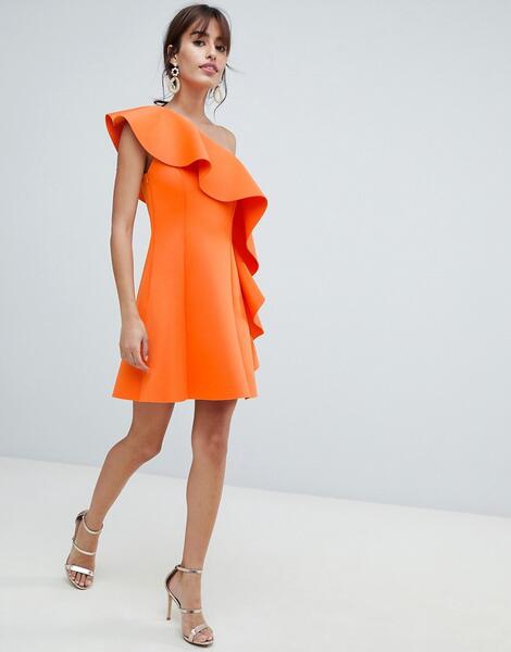 Платье-трапеция мини на одно плечо с оборкой ASOS DESIGN - Оранжевый 1309636