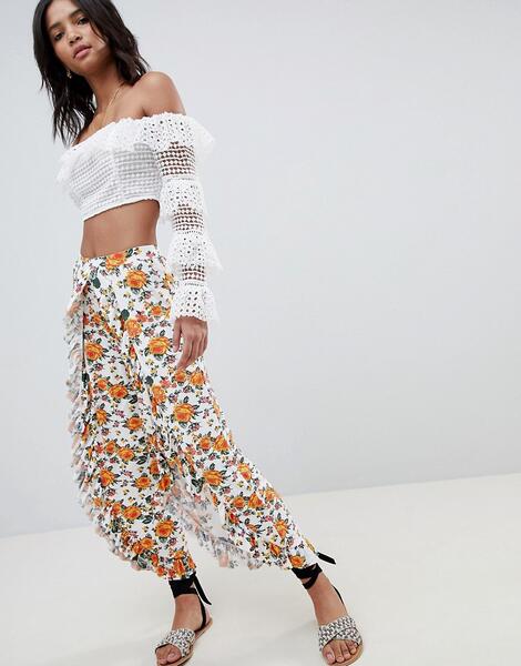 Широкие брюки с цветочным принтом и оборками ASOS DESIGN - Мульти 1291183