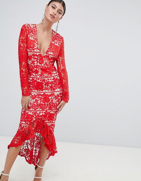 Кружевное платье миди с длинными рукавами Missguided - Красный 1266035