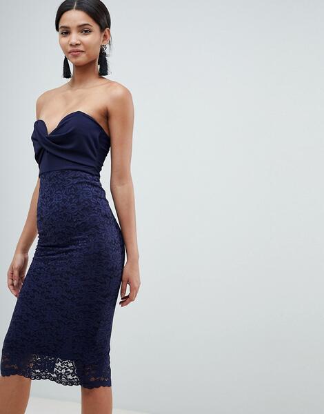 Платье-бандо миди с кружевной юбкой ASOS DESIGN - Темно-синий 1280654
