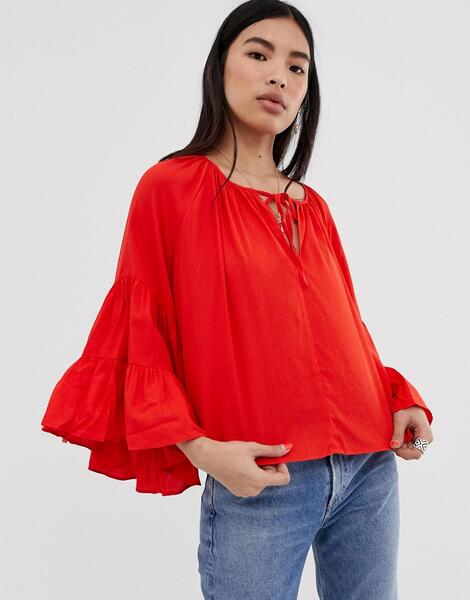 Красная рубашка с цветочным принтом и рукавами клеш Weekday - Красный 1290204
