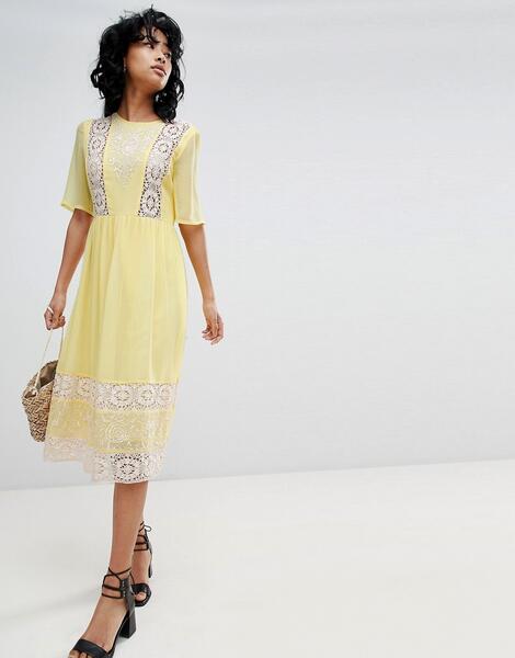 Платье миди с вышивкой и кружевом ASOS DESIGN - Желтый 1258255