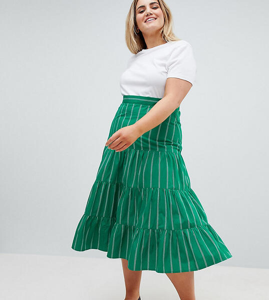 Зеленая хлопковая юбка миди в полоску ASOS DESIGN - Зеленый Asos Curve 1273235