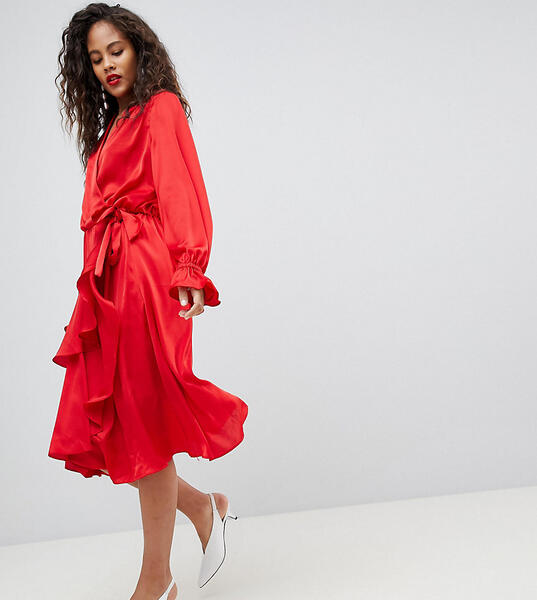 Атласное платье с запахом и оборками на юбке Y.A.S Tall - Красный 1247109