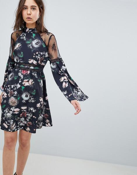 Короткое приталенное платье с цветочным принтом и кружевной отделкой N Neon Rose 1253278