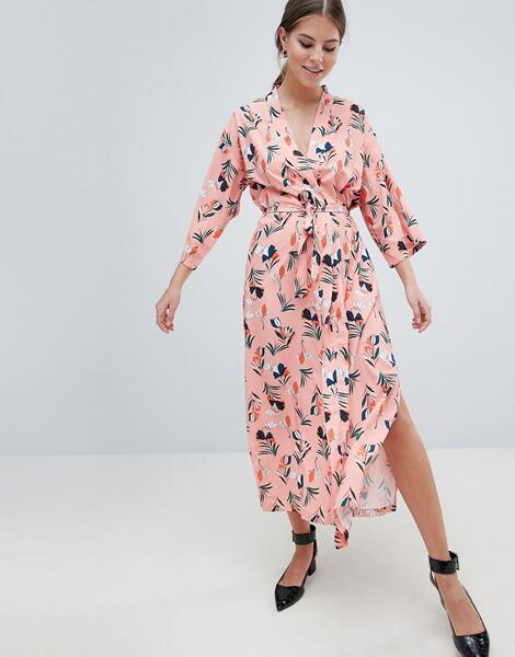 Платье миди с цветочным принтом и поясом Uttam Boutique - Розовый 1253980