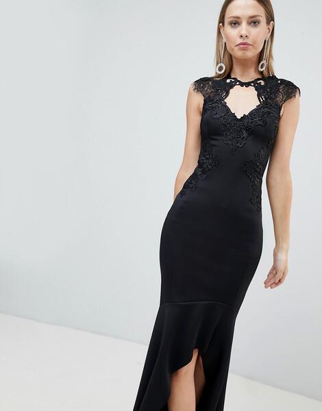 Платье макси с кружевной отделкой и асимметричной юбкой Lipsy - Черный 1240656