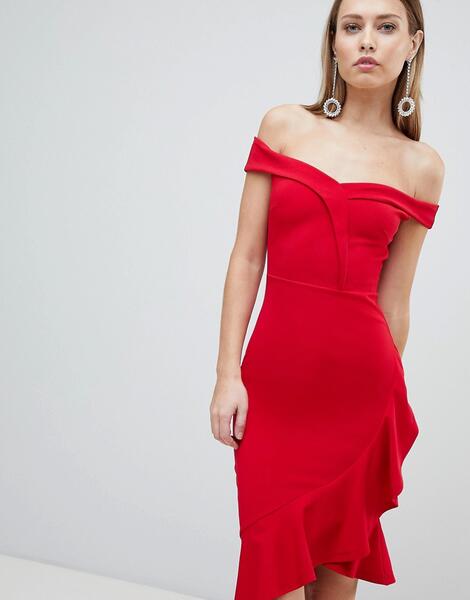 Красное облегающее платье со спущенными плечами и оборкой Lipsy 1239447
