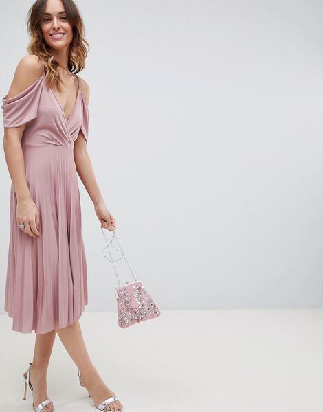 Плиссированное платье миди с открытыми плечами ASOS DESIGN - Розовый 1262474