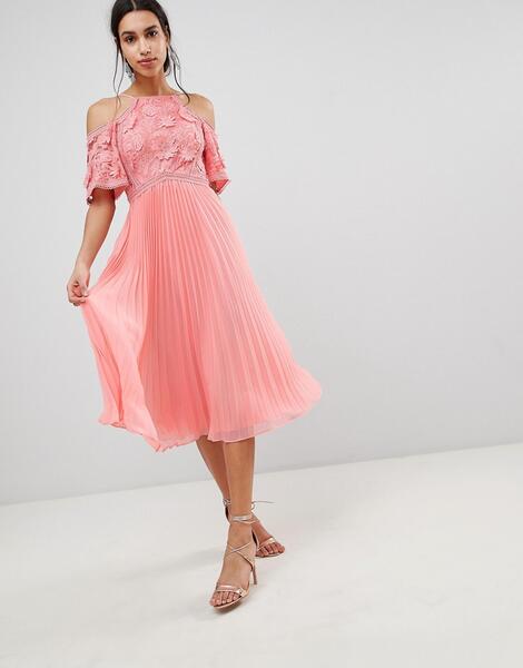 Платье миди с кружевом и юбкой плиссе ASOS DESIGN - Розовый 1223888