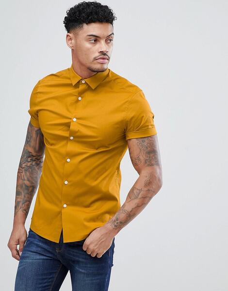 Облегающая рубашка горчичного цвета с короткими рукавами ASOS DESIGN 1215053