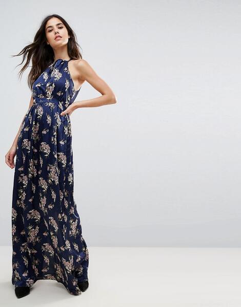 Атласное платье макси с цветочным принтом Wyldr - Темно-синий 1187137