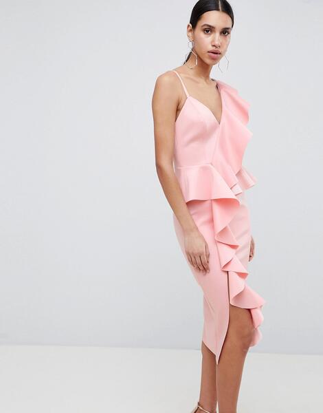 Платье миди с асимметричными оборками ASOS DESIGN - Розовый 1231683