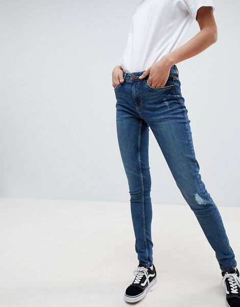 Рваные зауженные джинсы с завышенной талией Pieces Five - Синий 1257236