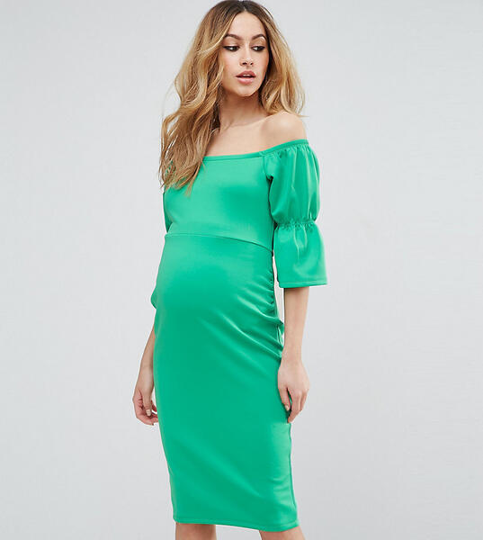 Платье с открытыми плечами и рукавами клеш ASOS Maternity - Зеленый 1046659
