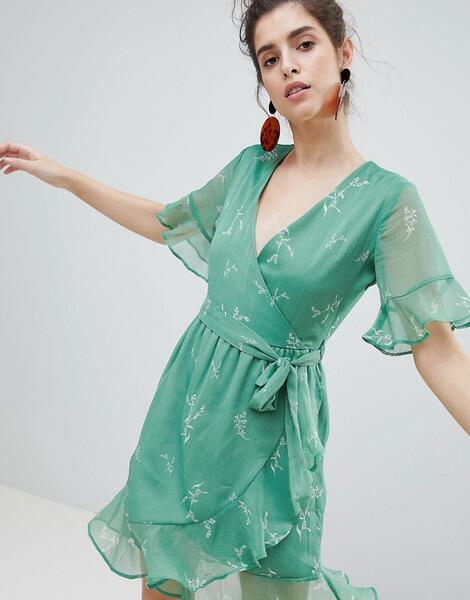 Платье с запахом и цветочным принтом Neon Rose - Зеленый 1229494