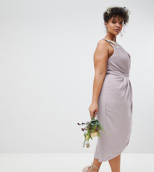 Платье миди с запахом и отделкой TFNC Plus Bridesmaid - Серый 1188543