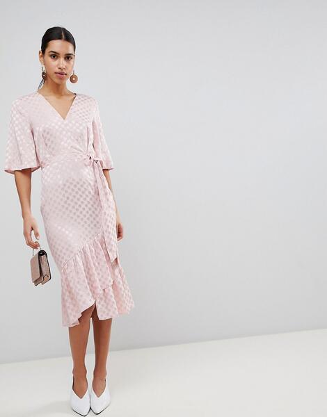 Жаккардовое платье миди с широкими рукавами ASOS - Розовый ASOS DESIGN 1216598