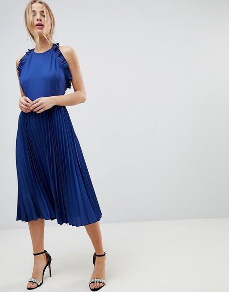 Плиссированное платье миди с открытой спиной ASOS - Синий ASOS DESIGN 1197797