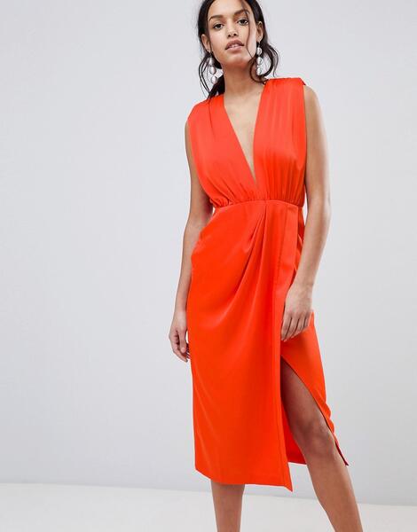 Атласное платье миди без рукавов ASOS DESIGN - Красный 1218209
