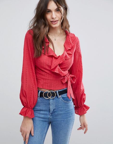 Рубашка с запахом, оборками и вышивкой ришелье Fashion Union - Красный 1214103
