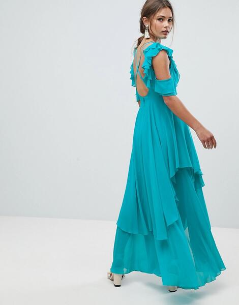 Платье макси с вырезом на спине и оборками ASOS - Синий ASOS DESIGN 1191671