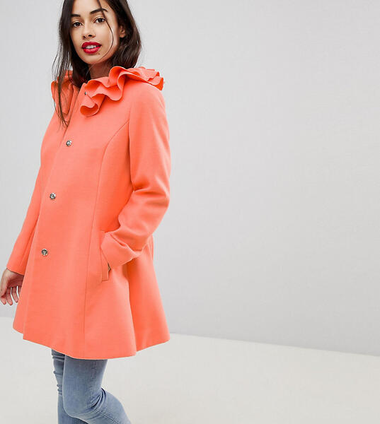 Короткое приталенное пальто с воротником-оборкой ASOS PETITE - Розовый 1172565