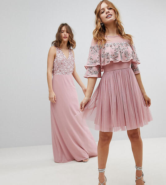 Платье миди с прозрачной отделкой и кейпом Maya Petite - Розовый 1177234