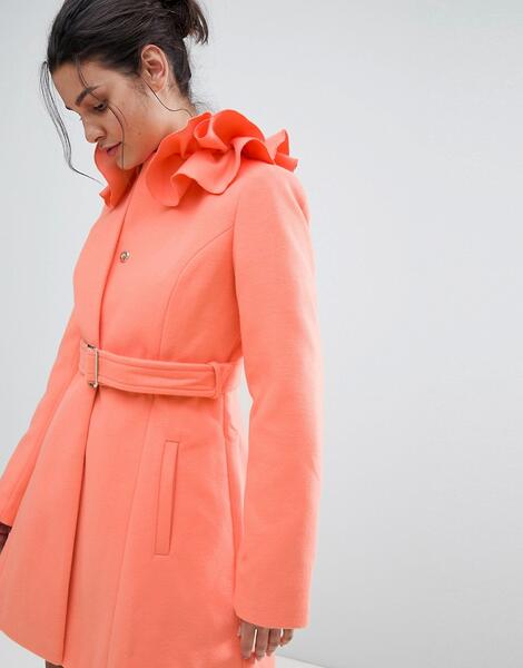 Короткое приталенное пальто с воротником-оборкой ASOS - Розовый ASOS DESIGN 1171165