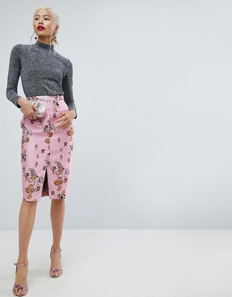 Жаккардовая юбка-карандаш с цветочным узором и разрезом ASOS - Мульти ASOS DESIGN 1185393