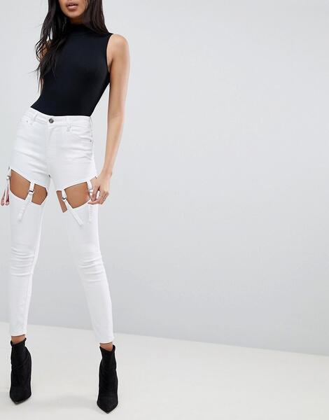 Белые фестивальные джинсы скинни с завышенной талией и эффектом подвяз ASOS DESIGN 1199534