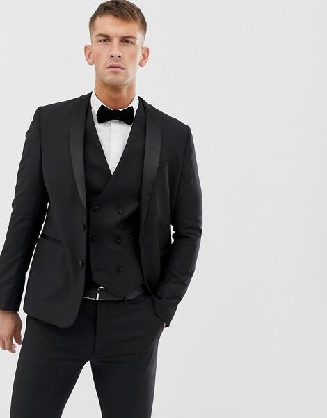 Черный приталенный пиджак-смокинг из 100% шерсти ASOS DESIGN - Черный 1108032
