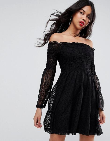Кружевное присборенное платье с рукавами клеш ASOS - Черный ASOS DESIGN 1162588