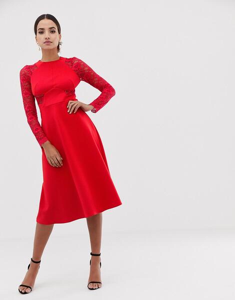 Приталенное платье миди с кружевными вставками ASOS Premium - Красный ASOS DESIGN 1146129