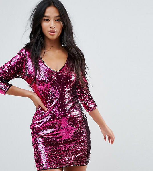 Платье мини с пайетками и глубоким вырезом TFNC Petite - Розовый 1167175