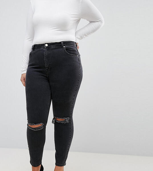 Черные рваные джинсы скинни с завышенной талией ASOS DESIGN Curve Asos Curve 1084342