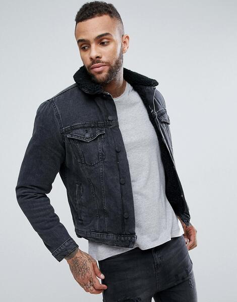 Черная джинсовая куртка на подкладке из искусственного меха New Look 1192136