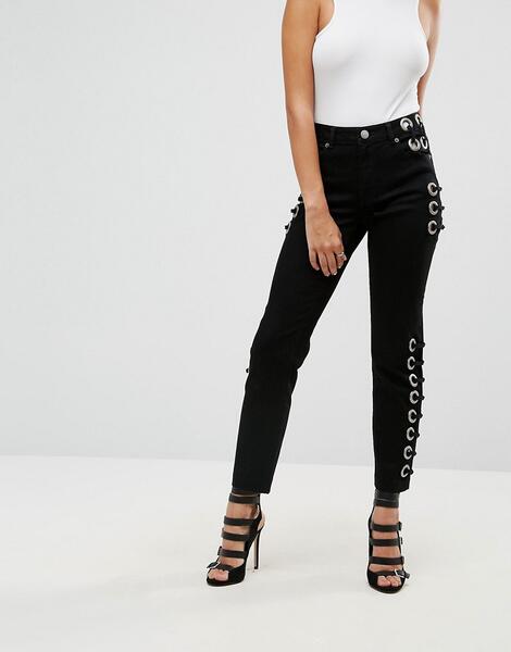 Черные прямые джинсы с большими люверсами и ленточной отделкой ASOS FL ASOS DESIGN 1096973