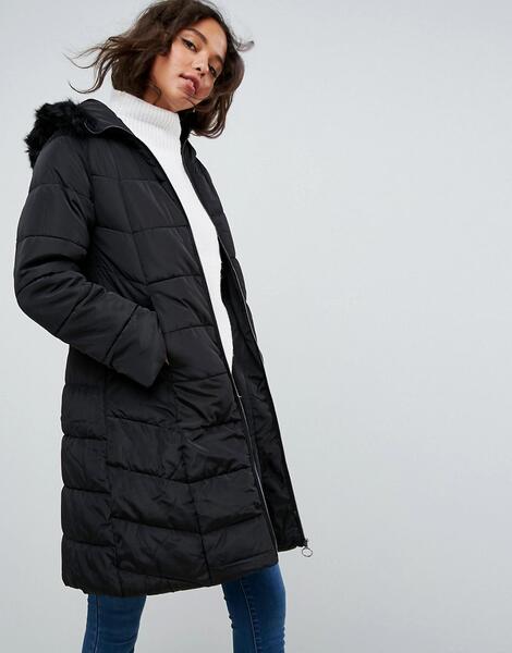 Длинное стеганое пальто с искусственным мехом ASOS - Черный ASOS DESIGN 1034164