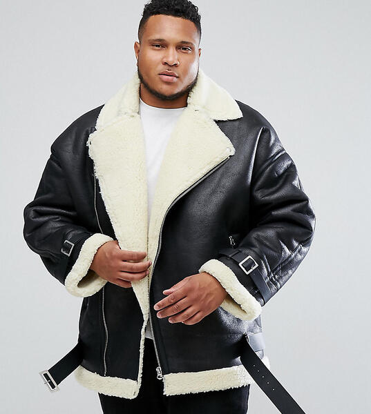 Черная байкерская оверсайз-куртка с искусственной овечьей шерстью ASOS ASOS DESIGN 1083631