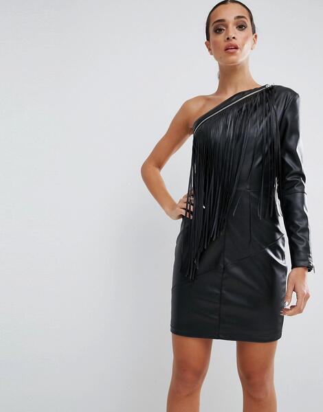 Платье мини из искусственной кожи с бахромой ASOS - Черный ASOS DESIGN 1079154