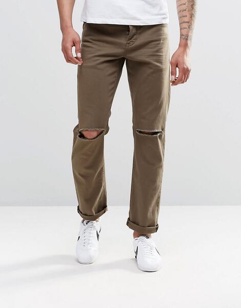 Узкие джинсы стретч цвета хаки с рваными коленками ASOS - Зеленый ASOS DESIGN 443887