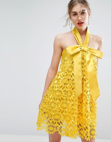 Кружевное платье-трапеция мини с бантом ASOS SALON - Желтый ASOS DESIGN 959081