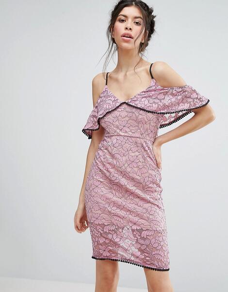 Кружевное платье миди с открытыми плечами Love Triangle - Розовый 1017339