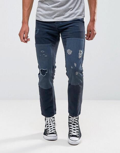 Синие вельветовые джинсы слим с рваной отделкой и нашивками ASOS ASOS DESIGN 1081894