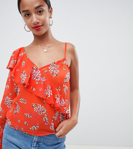 Блузка на одно плечо с рюшами и ярким цветочным принтом ASOS PETITE 1044971